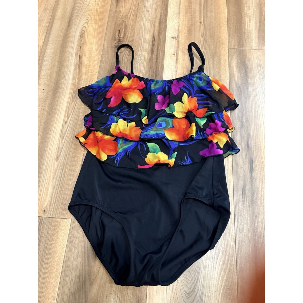 Great Lengths Swim One-Piece Slimming Black Floral Women's‎ Swimsuit Size 12
